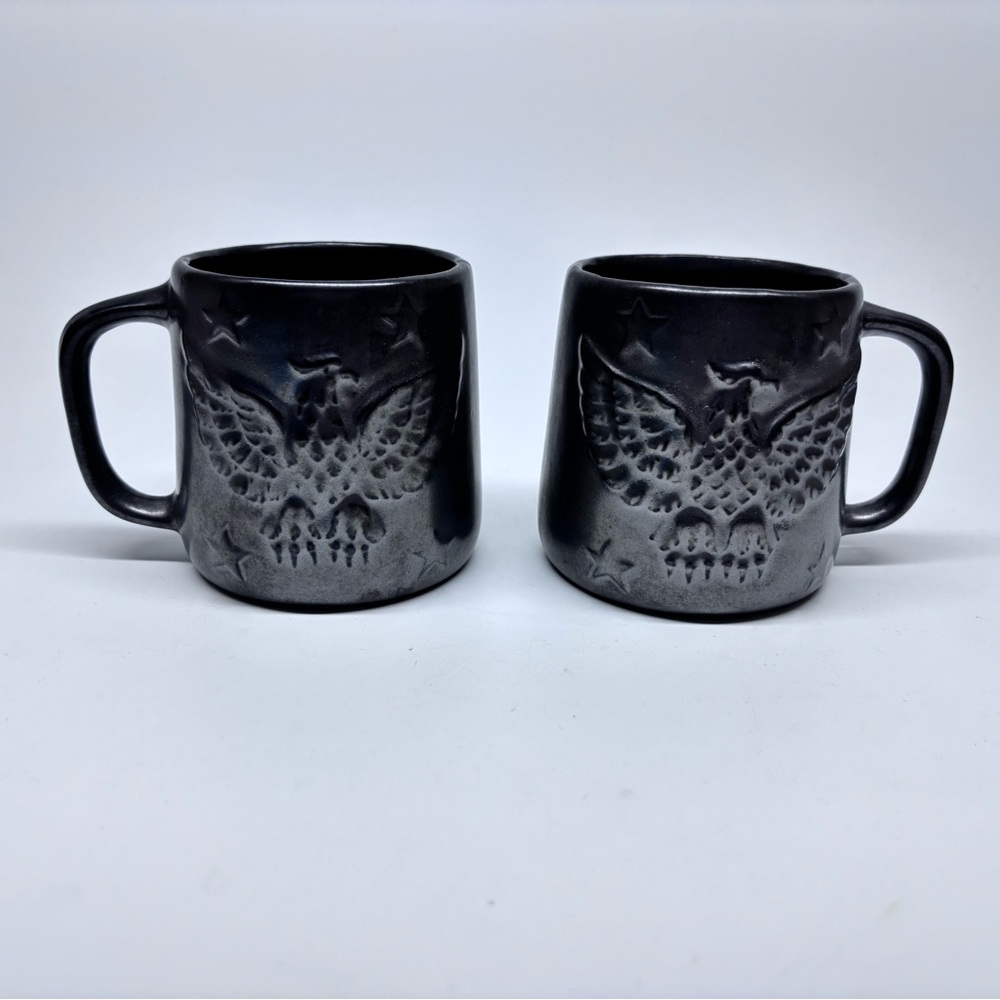 Studio Art Pottery Gunmetal Grey Embossed Eagle/Stars Mugs Americana (Qty 2)